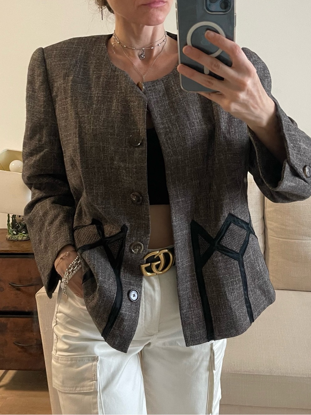 Rena Lange Vintage Virgin Wool Blend Velvet Trim Jacket Blazer Brown Grey 14